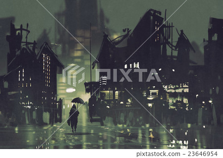 man with umbrella walking in dark city 23646954