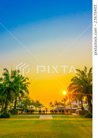 Beautiful Silhouette palm tree with umbrella and chair Beautiful Silhouette palm tree with umbrella and chair 23678405