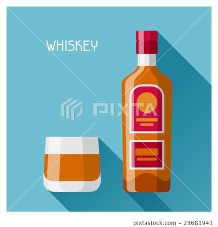 Bottle and glass of whiskey in flat design style 23681941