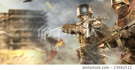 soldier in full uniform with gun is going to attac soldier in full uniform with gun is going to attac 23682512
