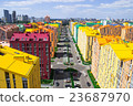 Panoramic aerial view of colored city street  23687970