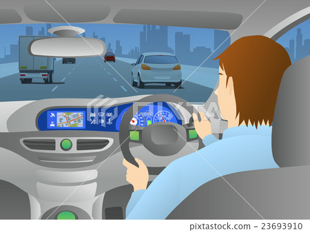 駕駛汽車和從汽車裡面看的路的一個人 23693910
