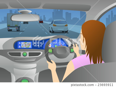 駕駛汽車和從汽車裡邊看的路的婦女 駕駛汽車和從汽車裡邊看的路的婦女 23693911