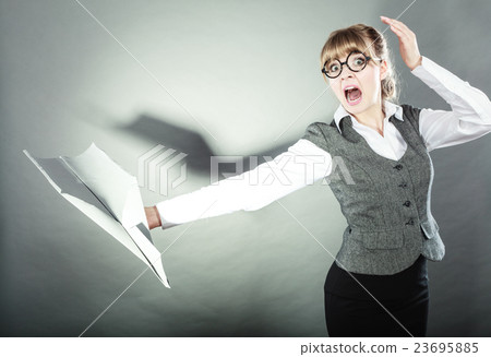 Fly fear. Woman holding airplane in hand. Fly fear. Woman holding airplane in hand. 23695885