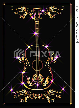 Golden guitar and ornament with stars Golden guitar and ornament with stars 23699166