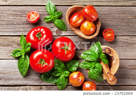 Fresh ripe garden tomatoes and basil 23701004