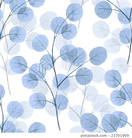 Branches with round leaves. Watercolor background. 23701909