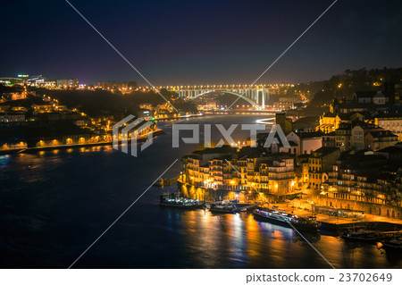 Overview of Old Town of Porto, Portugal at night 23702649