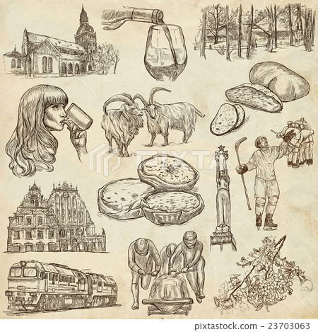 Latvia.Freehand.Hand drawn collection.Line art set Latvia.Freehand.Hand drawn collection.Line art set 23703063