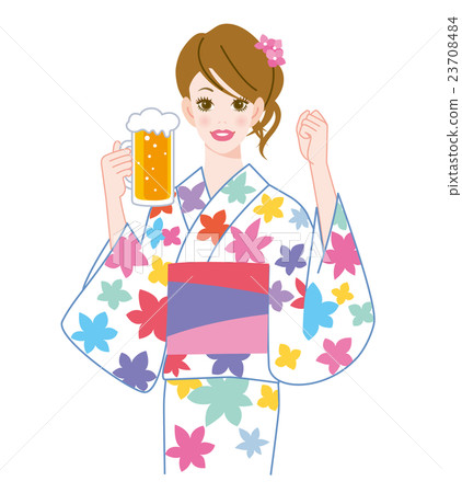 A woman in a yukata and a beer 23708484