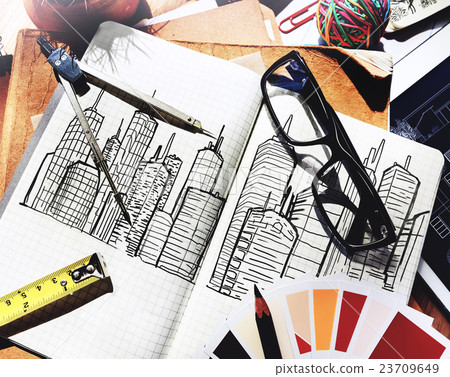 Messy Designer's Table with Sketch and Tools Concept Messy Designer's Table with Sketch and Tools Concept 23709649