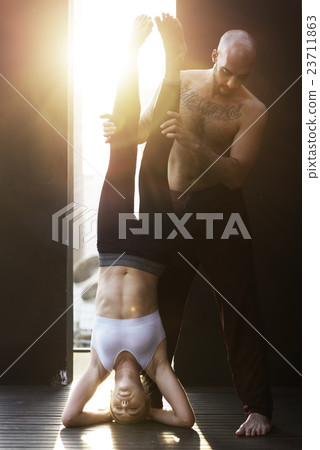 Woman Man Yoga Practice Pose Training Concept 23711863