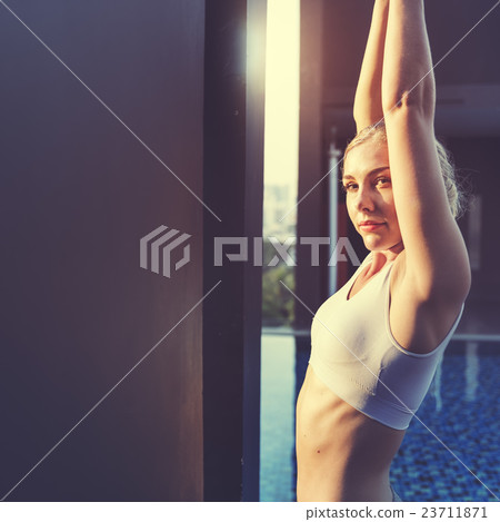 Woman Yoga Practice Pose Training Concept Woman Yoga Practice Pose Training Concept 23711871