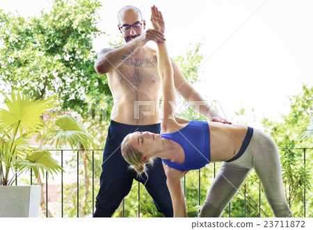 Woman Man Yoga Practice Pose Training Concept Woman Man Yoga Practice Pose Training Concept 23711872