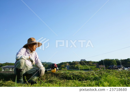Elderly people farming with grass-cutting machines agriculture Grandfather Grandma farmer cultivation 23718680
