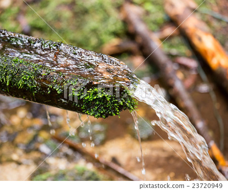 Clear stream flowing by the wooden trough overg Clear stream flowing by the wooden trough overg 23720949