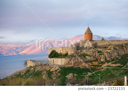 Ancient monastery in front of mountain 23722133