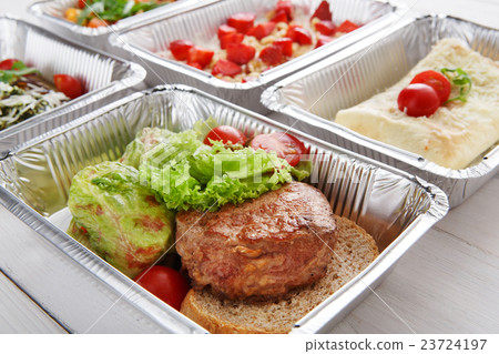 Healthy food take away in boxes, top view at wood Healthy food take away in boxes, top view at wood 23724197