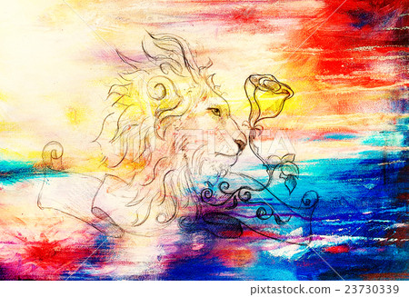 Lion with rose and ribbon with ornament, original Lion with rose and ribbon with ornament, original 23730339