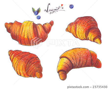 Large raster set of hand drawn croissant on white Large raster set of hand drawn croissant on white 23735430