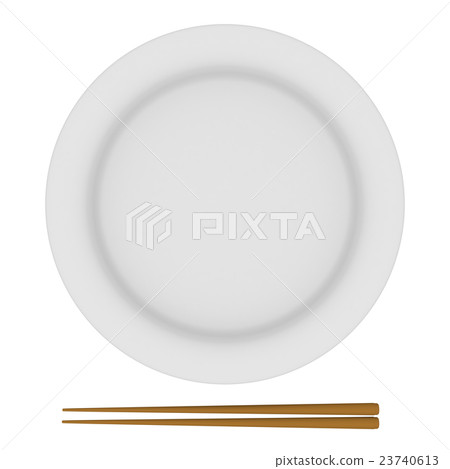 3D rendered image of pure white dish and brown chopsticks used for meals 3D rendered image of pure white dish and brown chopsticks used for meals 23740613