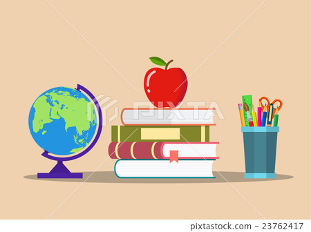 color pencils in cup, globe, books, apple.  23762417