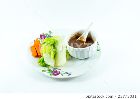 Isolated boiled vetgetable with shrimp paste sauce Isolated boiled vetgetable with shrimp paste sauce 23775031