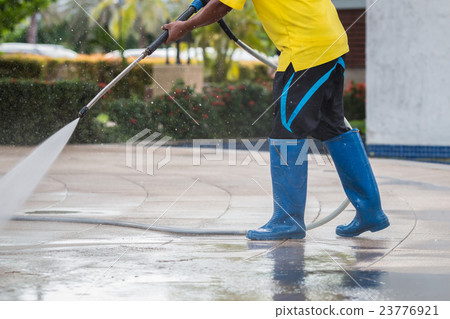 Close up Outdoor floor cleaning with high pressure water jet 23776921