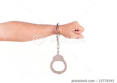 Close up hands with silver handcuffs isolated on white Close up hands with silver handcuffs isolated on white 23778545