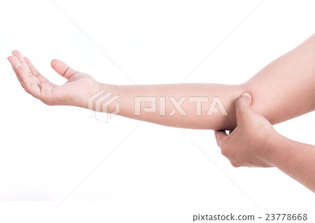 Close up woman's hand holding her elbow isolated on white. Elbow pain concept. Close up woman's hand holding her elbow isolated on white. Elbow pain concept. 23778668