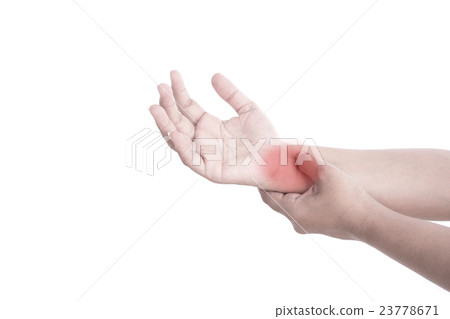 Close up woman's hand holding her wrist isolated on white . Wrist pain concept. 23778671