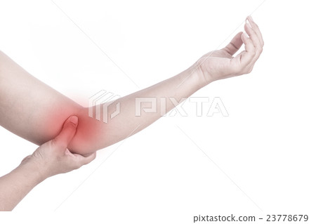 Close up woman's hand holding her elbow isolated on white. Elbow pain concept. 23778679