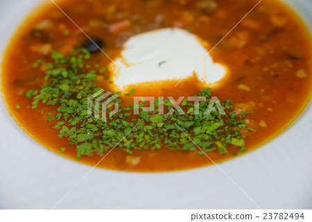 Russian traditional meat soup solyanka Russian traditional meat soup solyanka 23782494