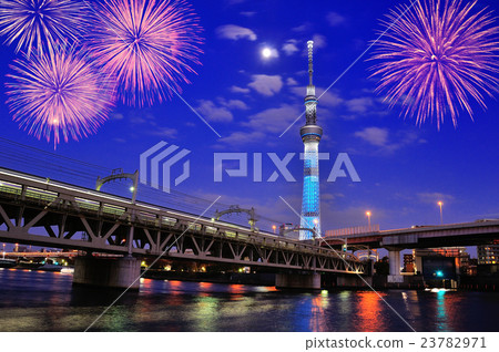 Fireworks and sky tree and moon 23782971