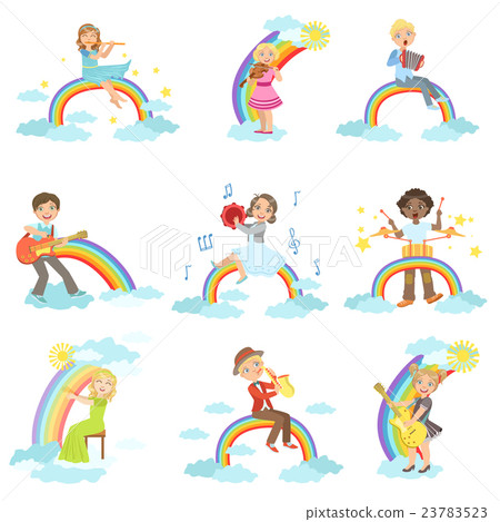Kids Playing Music Instruments With Rainbow And Kids Playing Music Instruments With Rainbow And 23783523