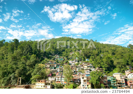 Houses in a town on green hill 23784494