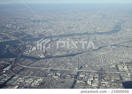 Aerial photograph of Arakawa and the former Edogawa River near the mouth of the Tokyo Bay and the capital high coast line Aerial photograph of Arakawa and the former Edogawa River near the mouth of the Tokyo Bay and the capital high coast line 23800088