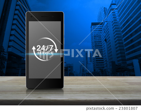 24 hours service icon on phone screen on table 24 hours service icon on phone screen on table 23801807