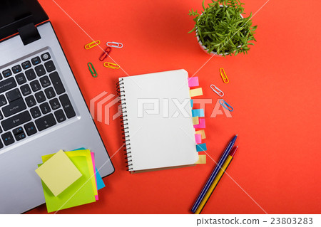 Office table desk with set of colorful supplies Office table desk with set of colorful supplies 23803283