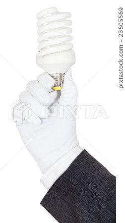 hand in business suit and glove holds CFL lamp hand in business suit and glove holds CFL lamp 23805569