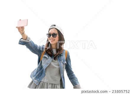 Asian woman taking selfie isolate white background Asian woman taking selfie isolate white background 23805752
