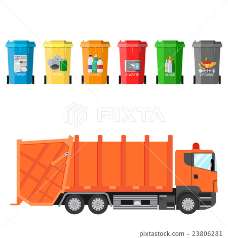 recycle waste bins and garbage truck 23806281