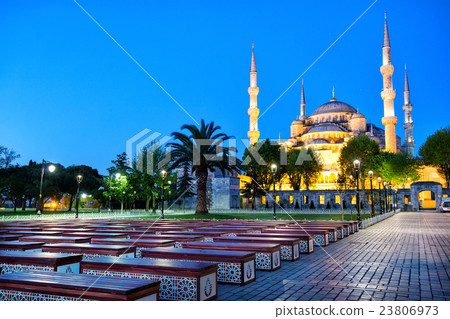 Benches in front of Mosque of Sultan Ahmet (Blue Benches in front of Mosque of Sultan Ahmet (Blue 23806973