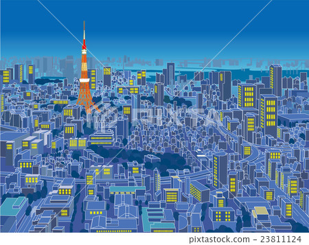 俯視東京夜視圖的城市的例證 23811124