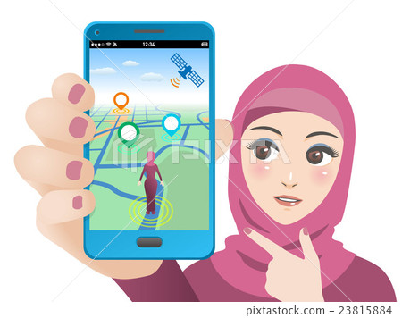 A smartphone using location information and a woman pointing to the screen 23815884