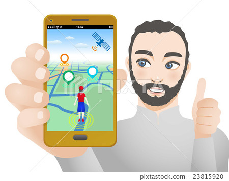 A man showing a smartphone screen using location information A man showing a smartphone screen using location information 23815920