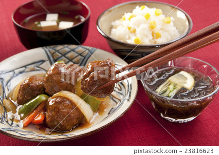 Meat dumplings sweet vinegar sauce and corn rice, miso soup and mozuku mochi Meat dumplings sweet vinegar sauce and corn rice, miso soup and mozuku mochi 23816623