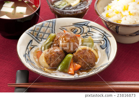 Meat dumplings sweet vinegar sauce and corn rice, miso soup and mozuku mochi Meat dumplings sweet vinegar sauce and corn rice, miso soup and mozuku mochi 23816873