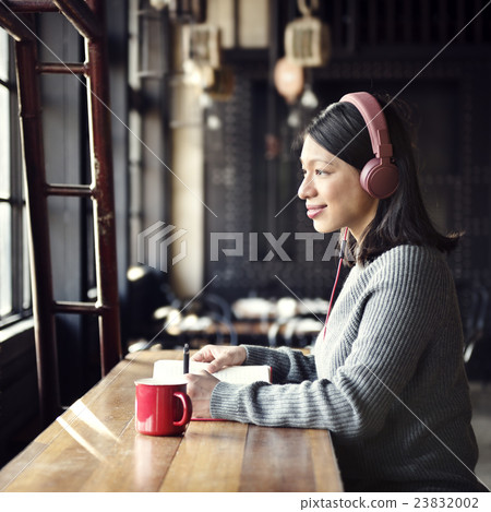 Woman Hobby Coffee Shop Listening Music Concept Woman Hobby Coffee Shop Listening Music Concept 23832002