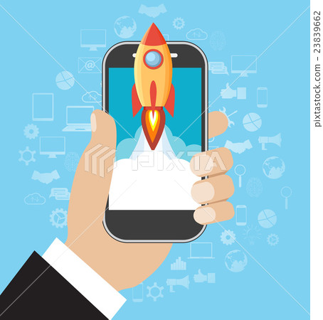 Hand holds smartphone with launch rocket. 23839662